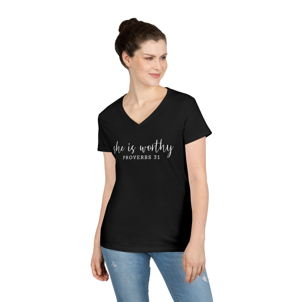 She Is Worthy- V Neck, Ladies Tee