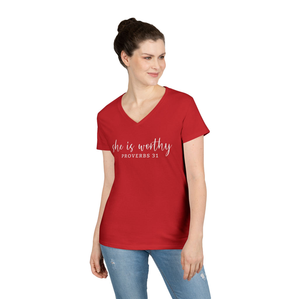 She Is Worthy- V Neck, Ladies Tee
