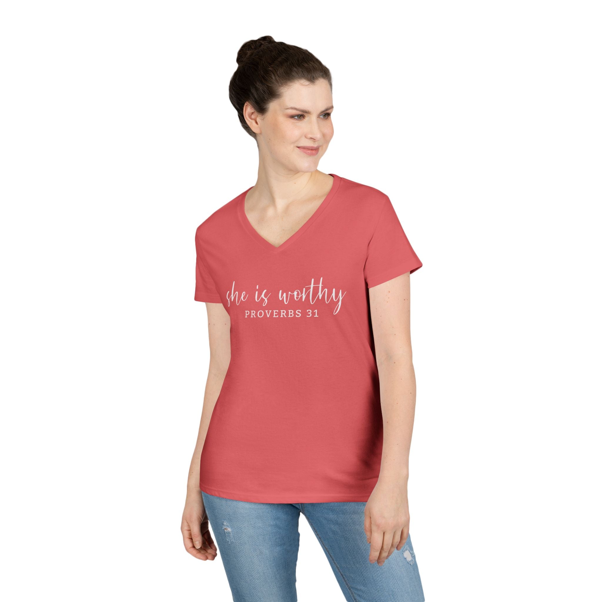She Is Worthy- V Neck, Ladies Tee