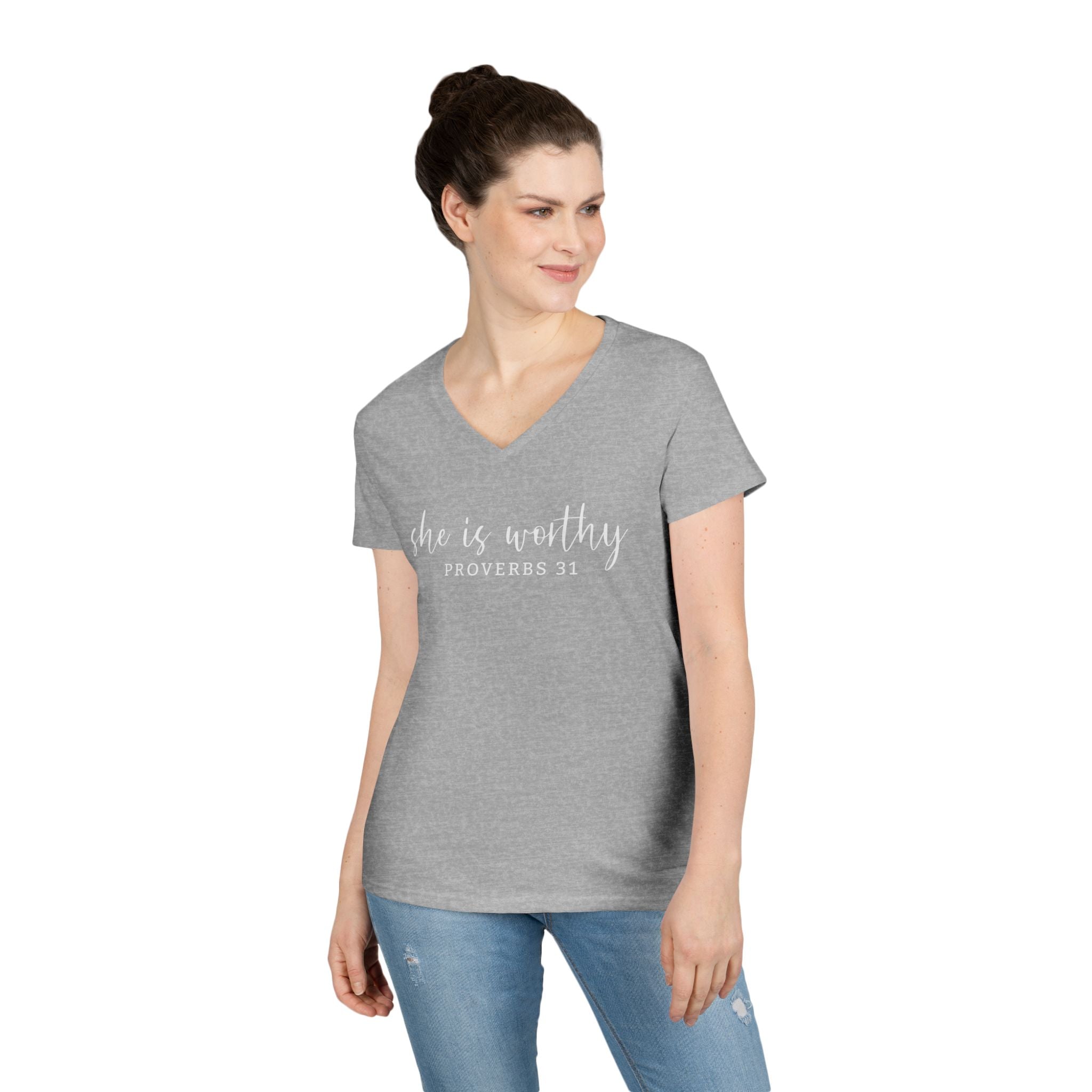 She Is Worthy- V Neck, Ladies Tee
