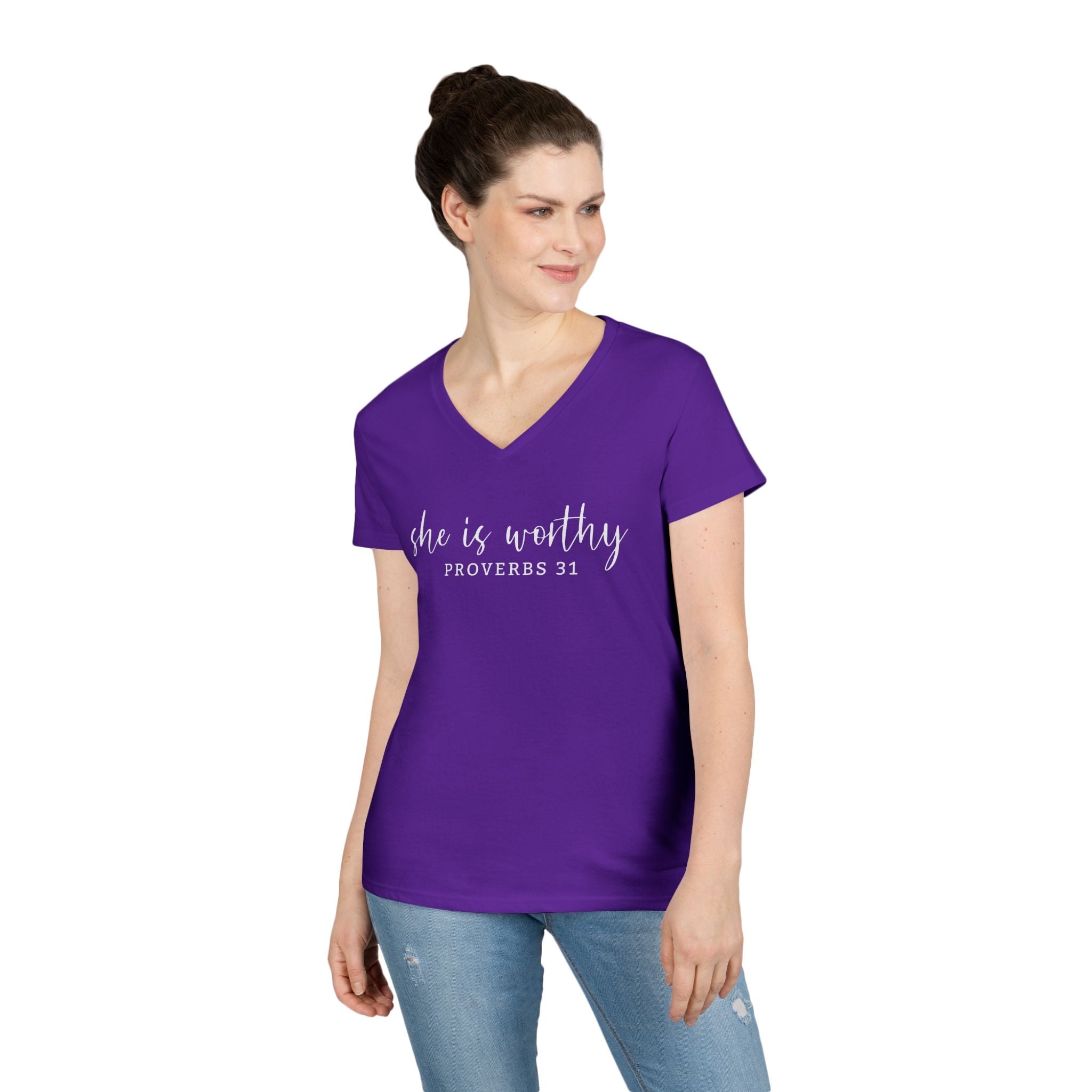She Is Worthy- V Neck, Ladies Tee