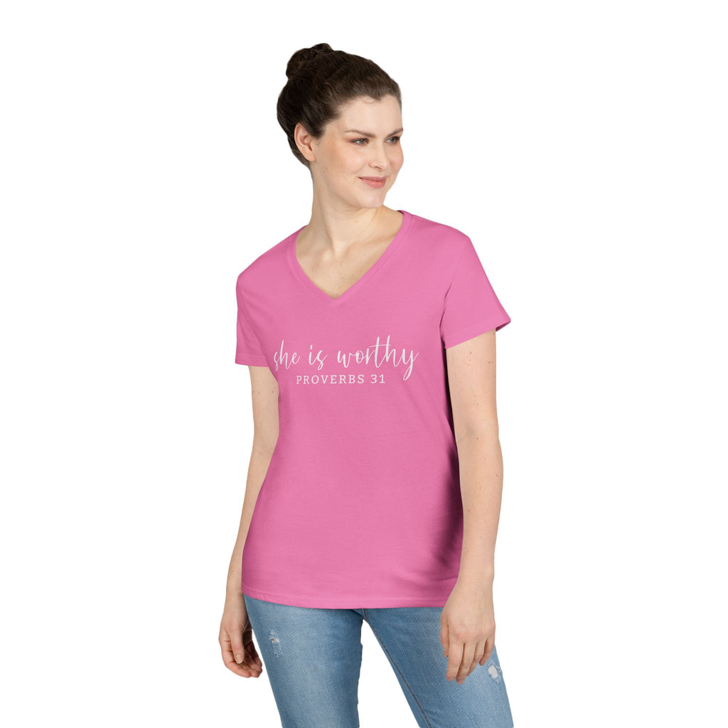 She Is Worthy- V Neck, Ladies Tee