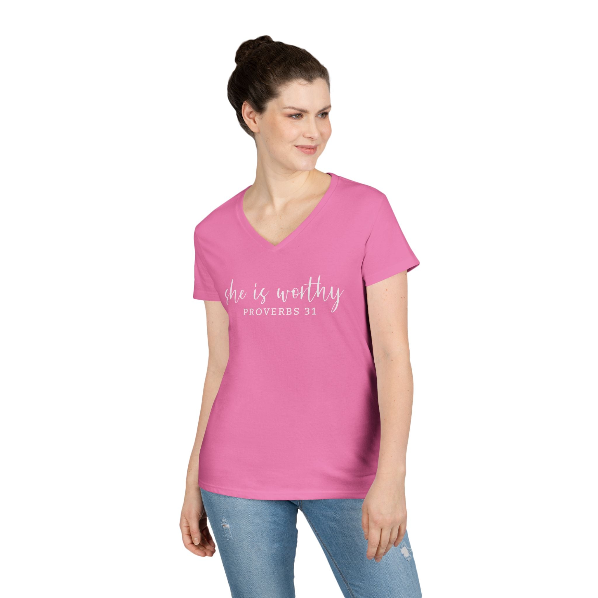 She Is Worthy- V Neck, Ladies Tee
