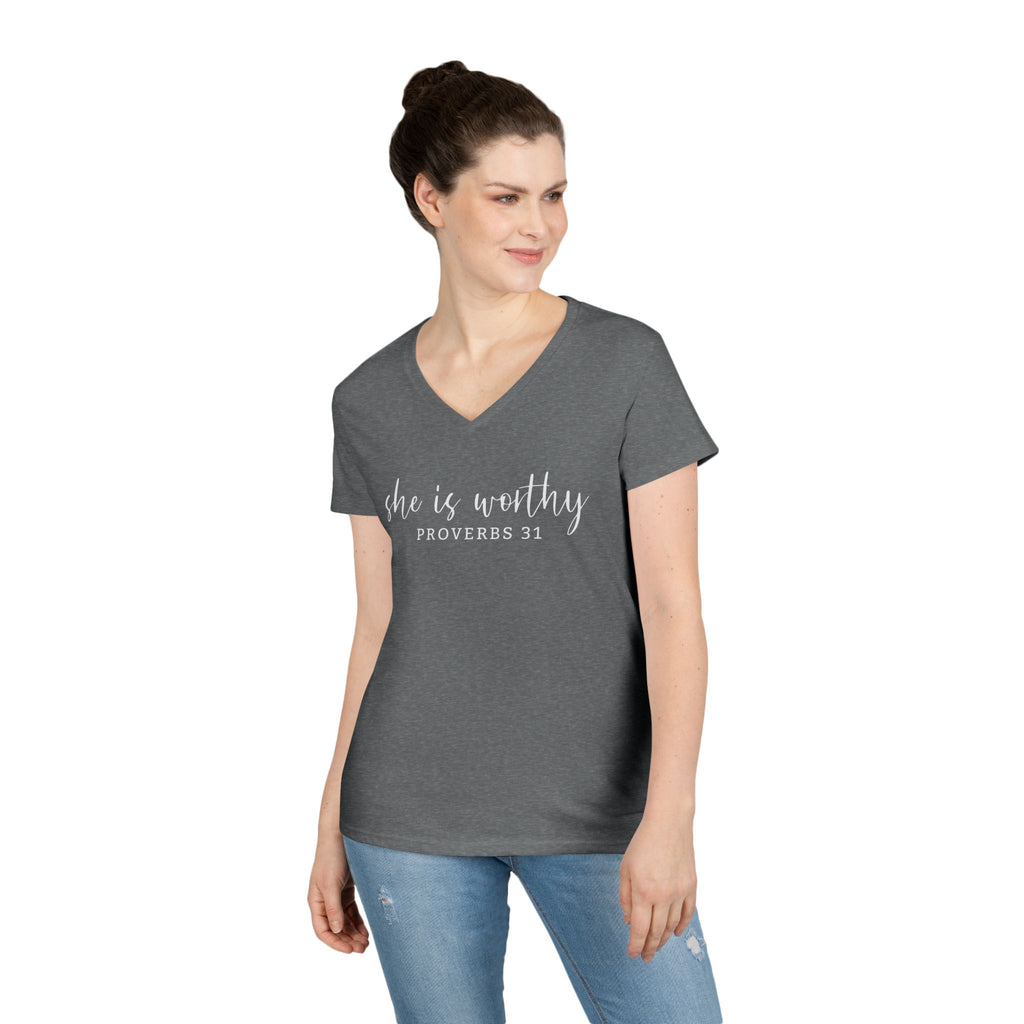 She Is Worthy- V Neck, Ladies Tee