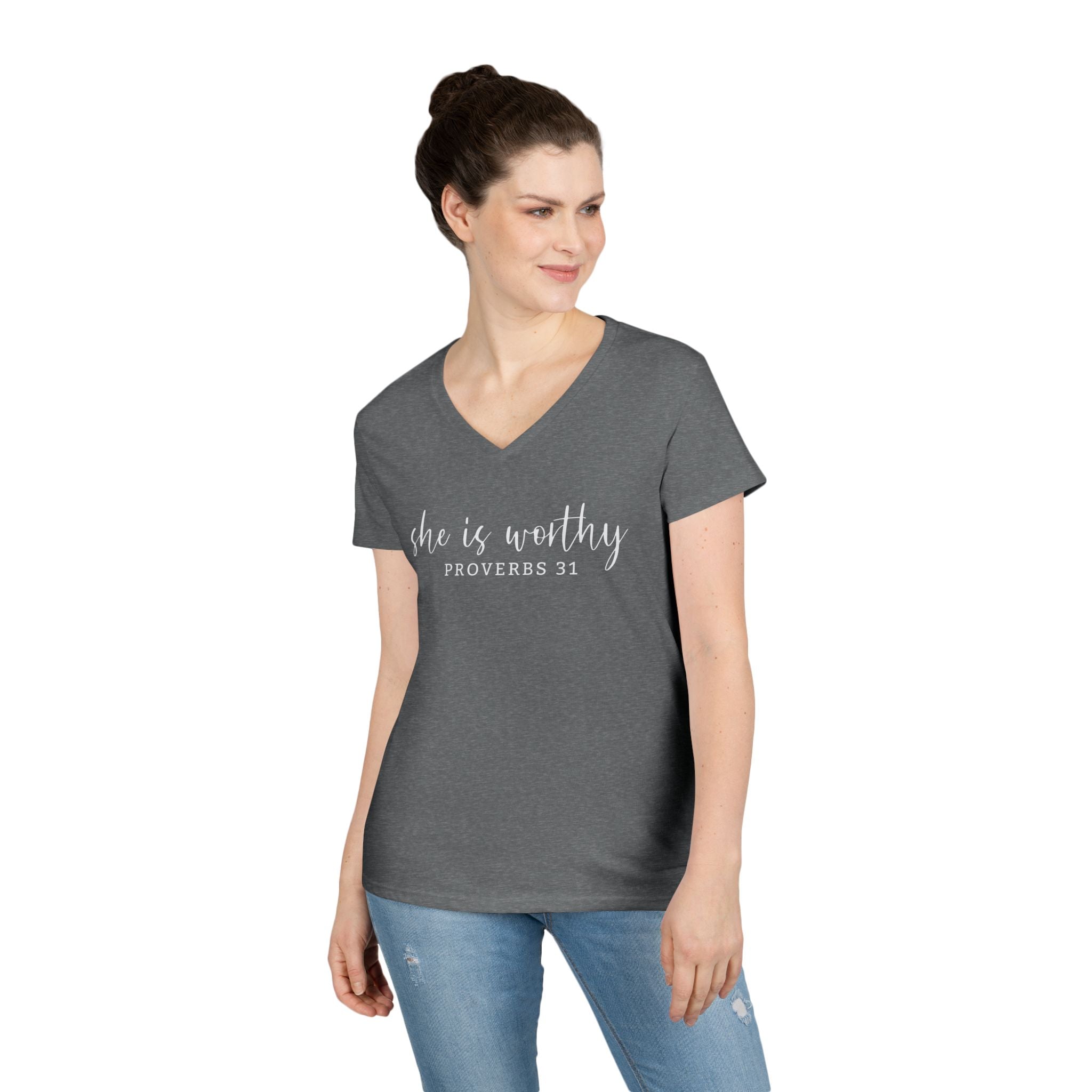 She Is Worthy- V Neck, Ladies Tee