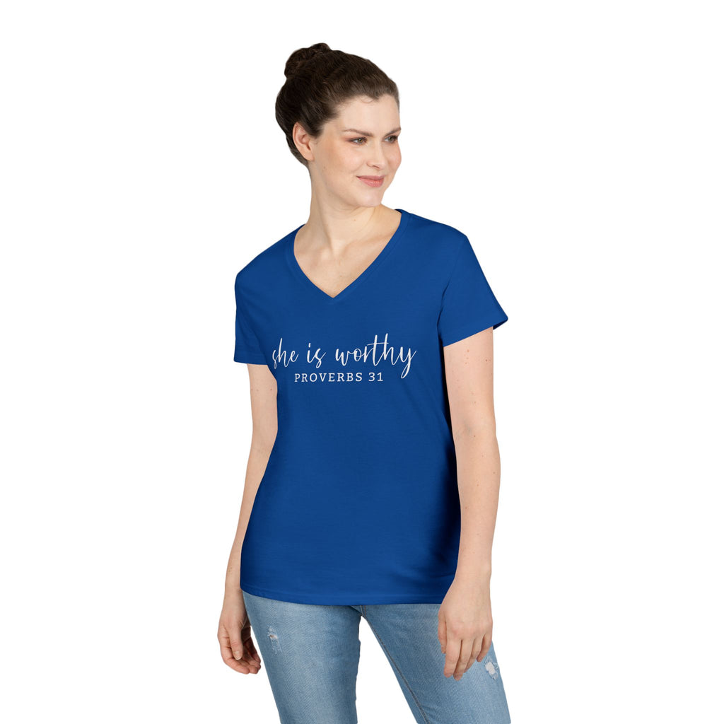 She Is Worthy- V Neck, Ladies Tee